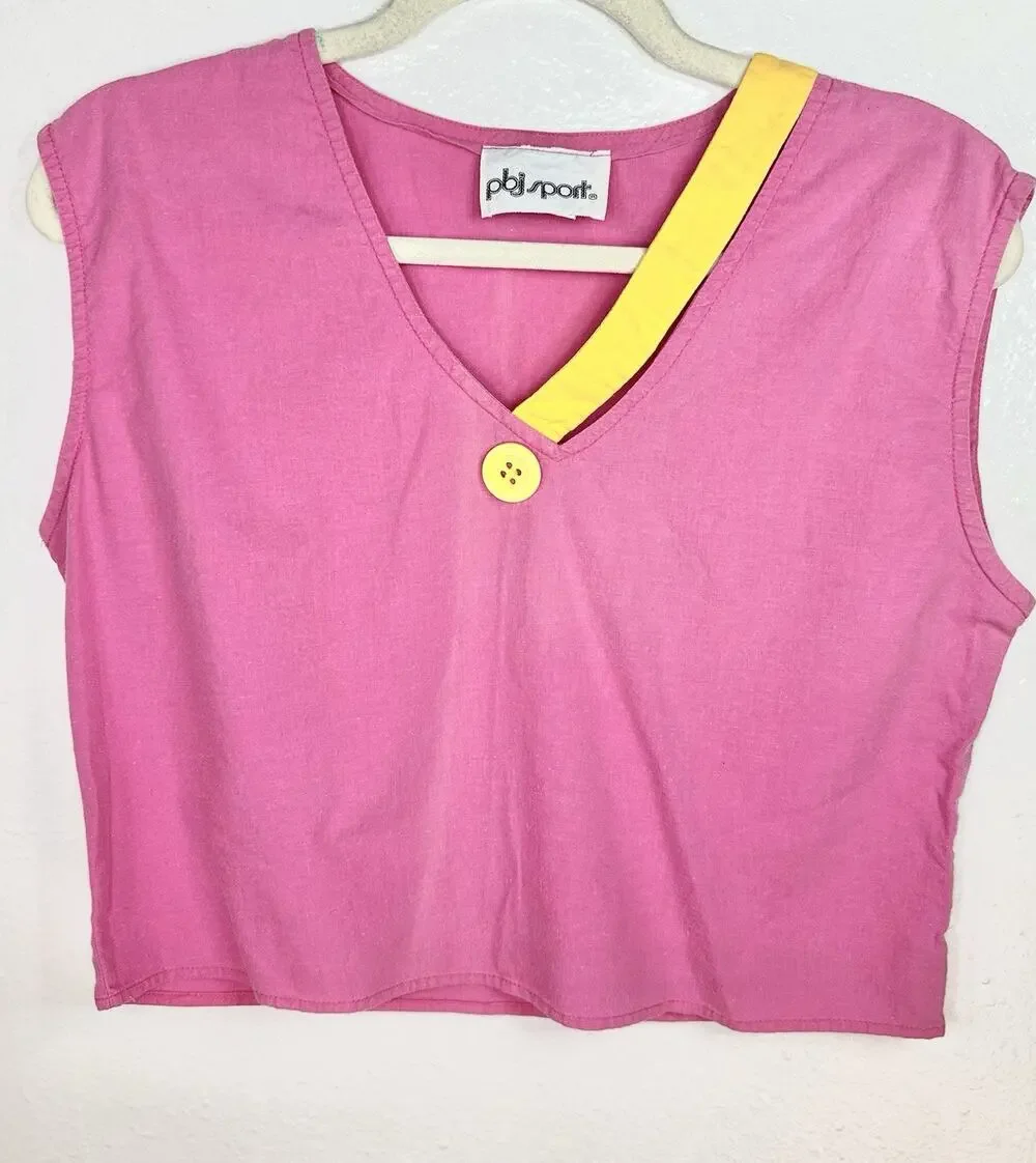Vtg 80s Pbj Sport Pink Sleeveless Pink Crop Top With Button Accent Cotton Size 7